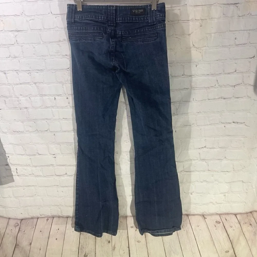 Vigoss Womens Mid Rise Wide Flare Dark Wash Denim Blue Jeans Trousers